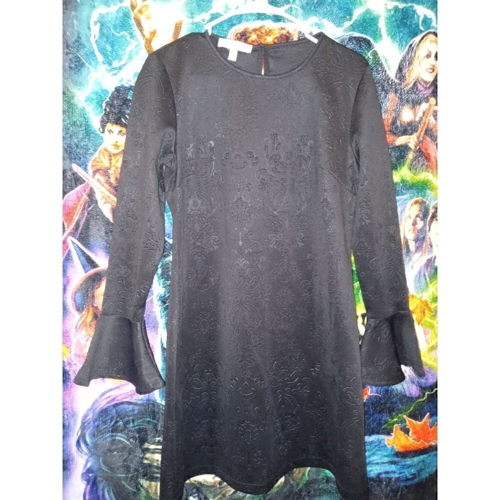 Women's Medium Libby Edelman Embossed Bell Sleeve Black Midi Dress